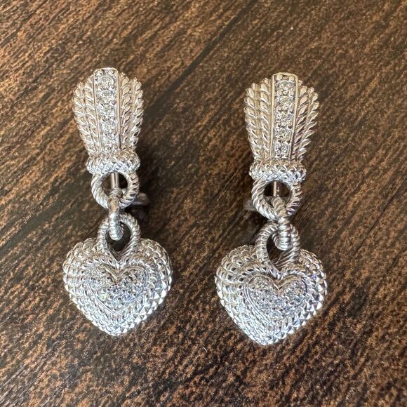 Judith Ripka Sterling Silver Diamonique CZ Heart Dangle Earrings 925 Rope - Picture 1 of 6